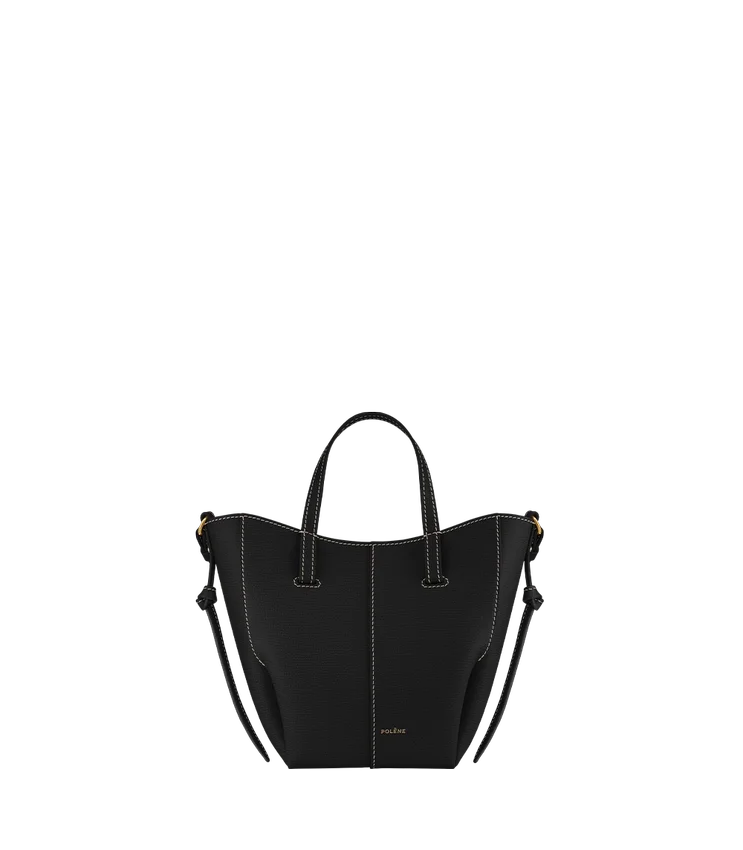 Bolso Cyme Tote Nano Edition, negro texturizado con costuras en color crudo