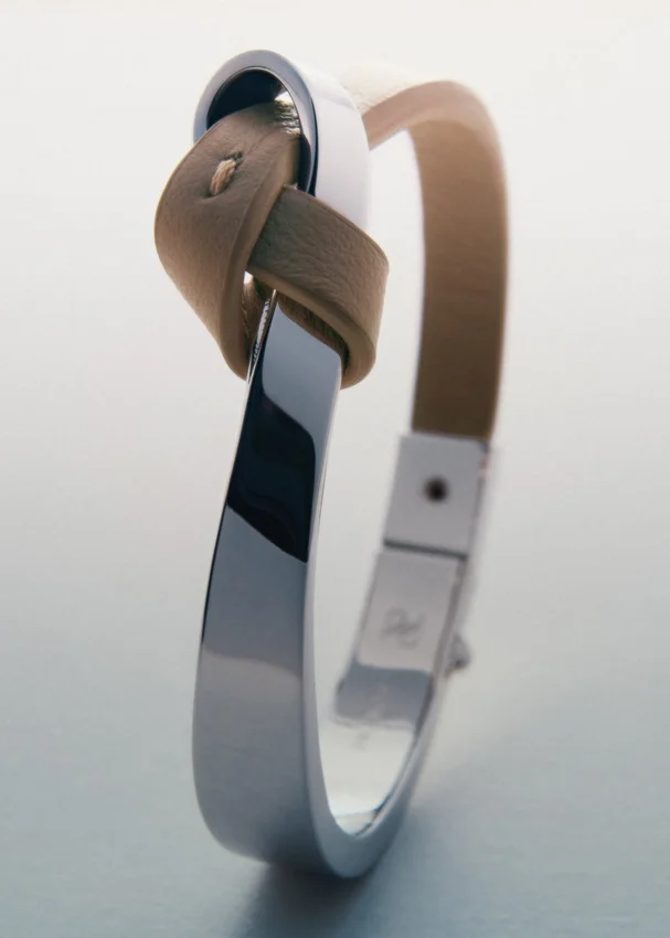 Pulsera Ormé Edition de plata rodiada con cuero color topo